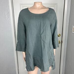 Syzygy Women's Shirt Medium Linen 3/4 sleeve Blouse Lagenlook Green USA W3-3